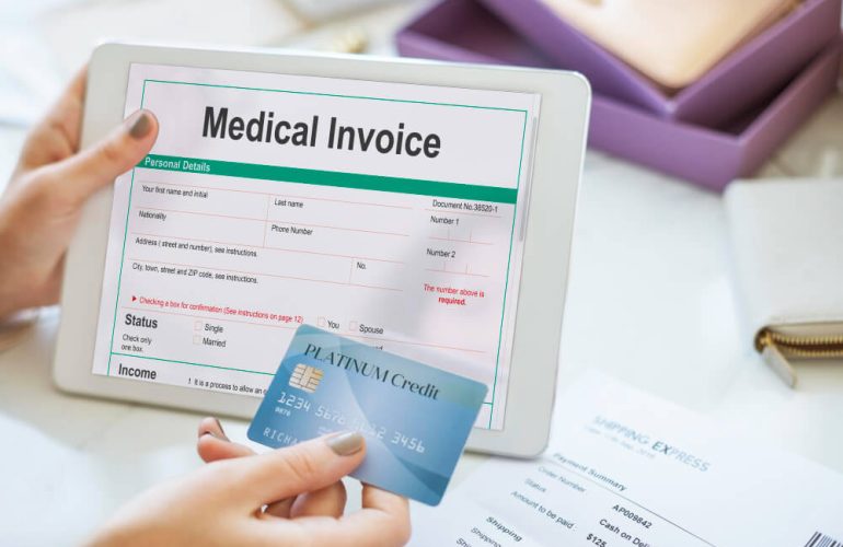 Healthcare insurance concept showing medical documents, calculator, and payment breakdown related to Explanation of Benefits