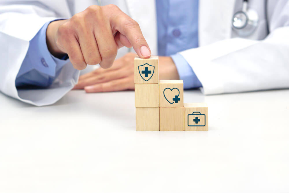 Healthcare insurance concept showing patient and insurer splitting medical costs after deductible.