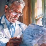 illustration of a doctor looking a form for retro authorization of a process