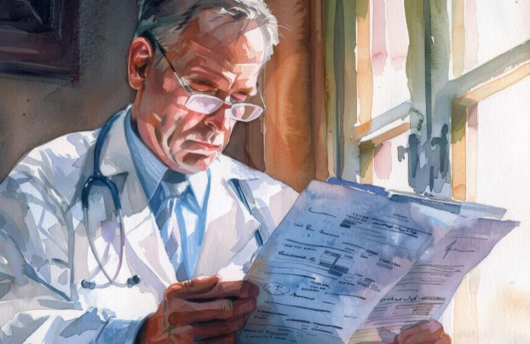 illustration of a doctor looking a form for retro authorization of a process
