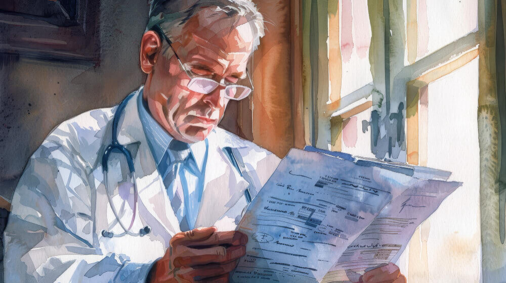 illustration of a doctor looking a form for retro authorization of a process
